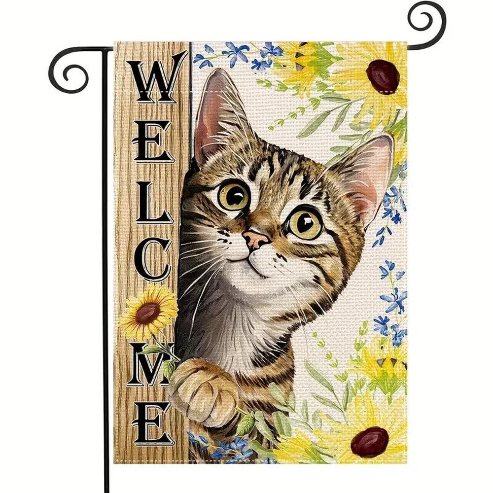 Tabby Cat Welcome Garden Flag Double Sided 12" x 18" NEW! Home & Garden:Yard, Garden & Outdoor Living:Décor:Flags Style Your Walls